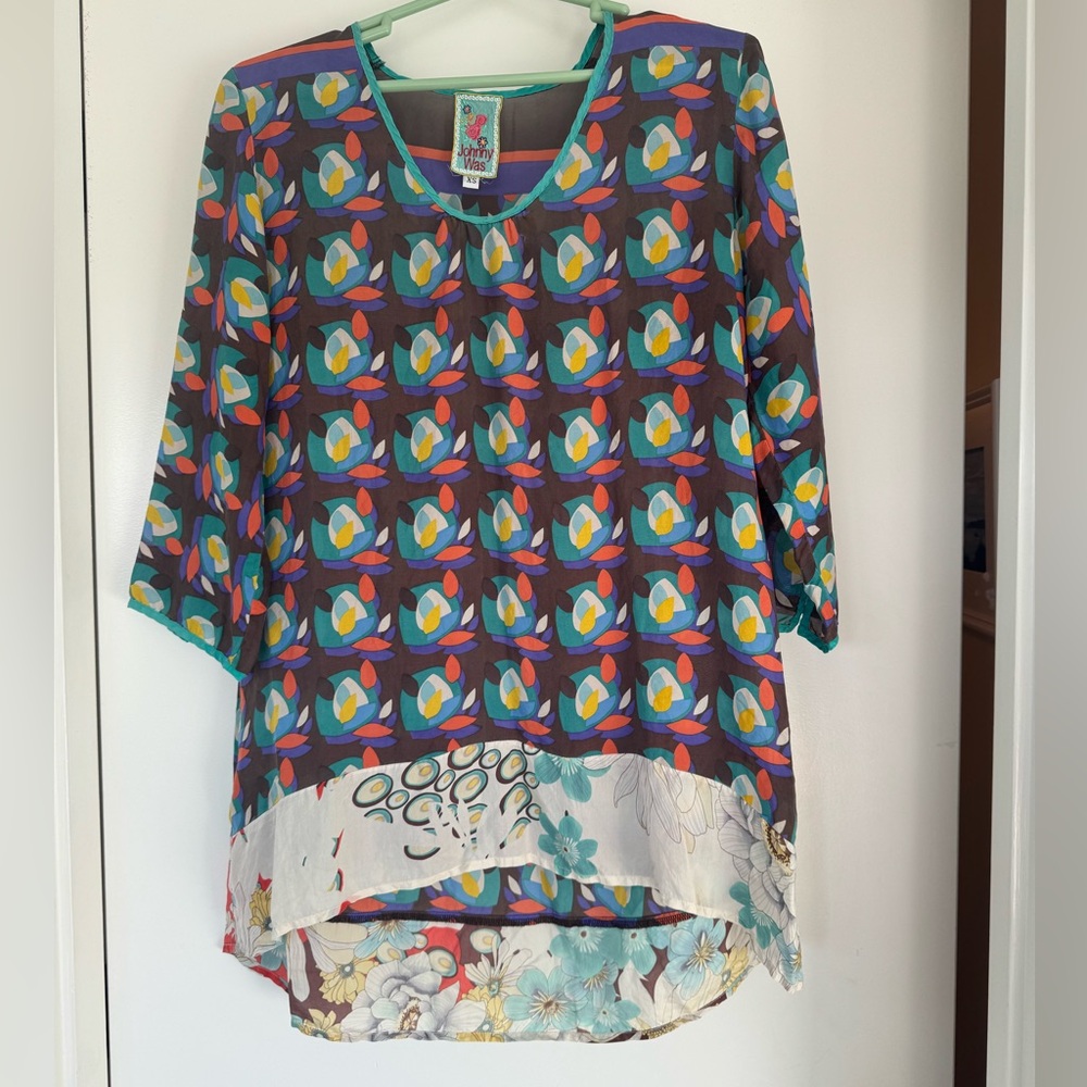 Johnny Was Brown Printed Silk Top